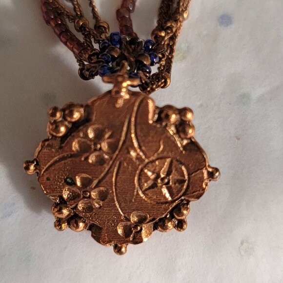 SATELLITE PARIS VINTAGE AMETHYST FACETED GLASS STONE PENDANT W/COPPER NECKLACE - Picture 5 of 7